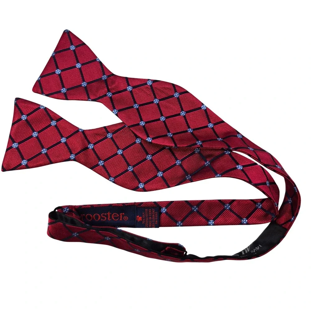 Rooster Bow Tie Mens Red Silk Blend Geometric Grid Self-Tie Formal Classic